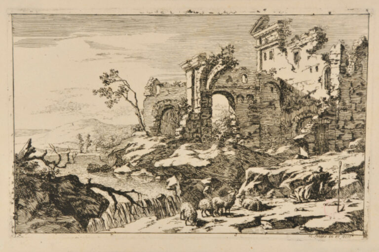 RUINS OF A BUILDING BY A CASCADE, SHEPHERD ASLEEP IN THE FOREGROUND