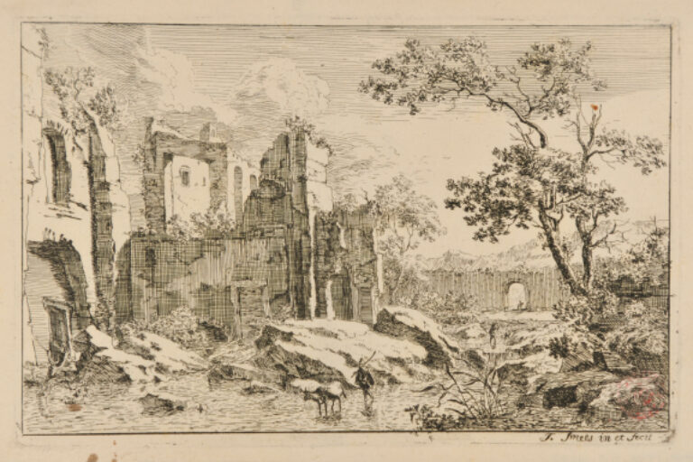 MAN AND OX FORDING A STREAM NEAR SOME RUINS