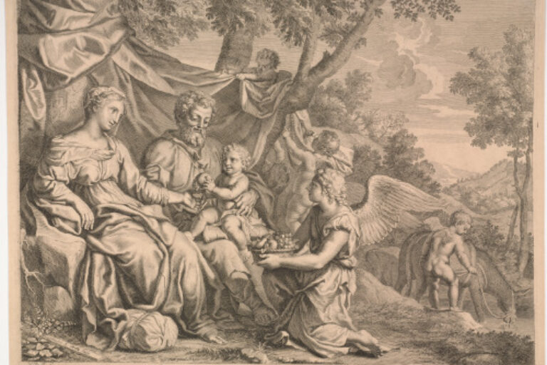 THE HOLY FAMILY IN A LANDSCAPE WITH A KNEELING ANGEL OFFERING A BASKET OF FRUIT