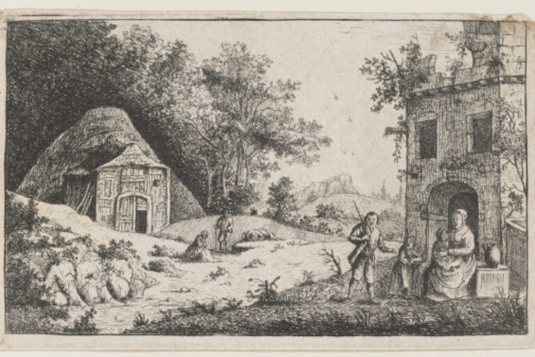 LANDSCAPE WITH PEOPLE RESTING BEFORE OLD HOUSES