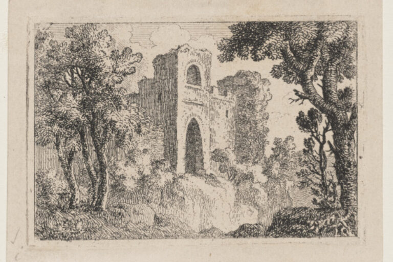 LANDSCAPE WITH CASTLE IN CENTER, TREES IN FOREGROUND