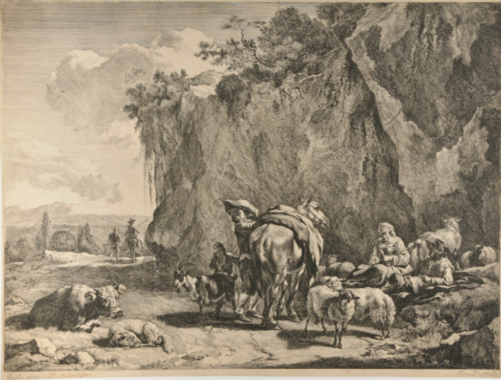 A Woman Spinning and Peasants with Flock at Foot of Cliff