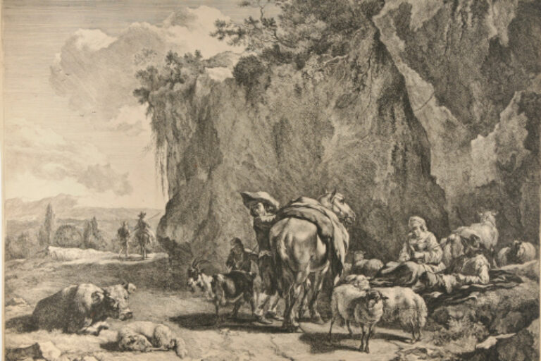 A WOMAN SPINNING AND PEASANTS WITH FLOCK AT FOOT OF CLIFF