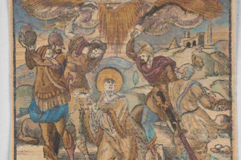 BIBLE ILLUSTRATION WITH A SAINT ATTACKED BY FOUR SOLDIERS
