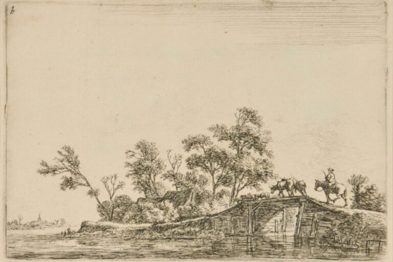 A RIDER AND FLOCK ON A BRIDGE