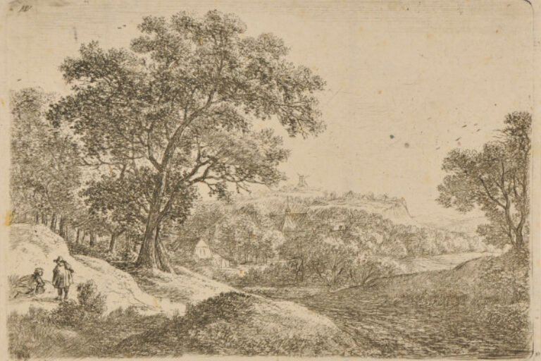 TWO TRAVELERS CONVERSING BELOW A SMALL HILL