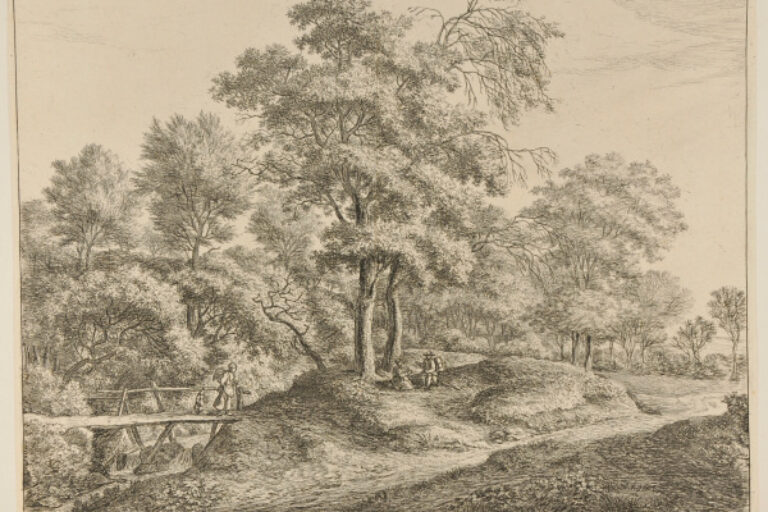 A PEASANT WOMAN AND DAUGHTER ON A SMALL WOODEN BRIDGE