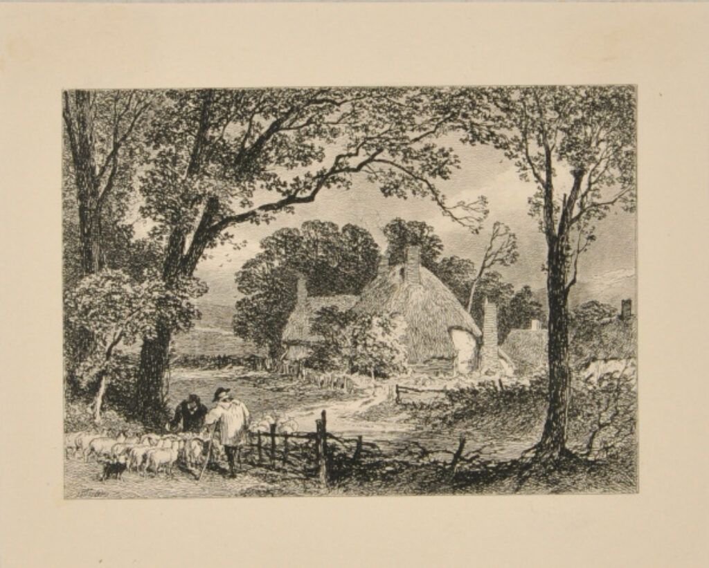 Peasant Driving Flock of Sheep to Thatched Farmhouse