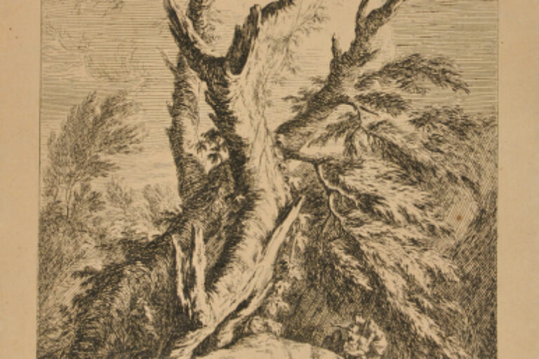 LANDSCAPE WITH THREE MEN ON A ROCK IN FOREGROUND