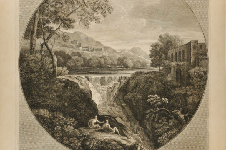 LANDSCAPE WITH WATERFALL IN CENTER, TWO FIGURES AT LEFT
