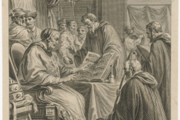 GUIDO ARETINUS A BENEDICTINE MONK, HAVING REFORMED THE SCALE OF MUSIC AND INVENTED A NEW METHOD OF NOTATION, COMMUNICATES HIS IMPROVEMENTS TO POPE JOHN XX