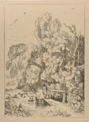 Girl Crossing Bridge by Willow Trees