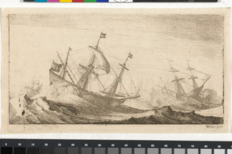THREE SHIPS IN A ROUGH SEA WITH A SPOUTING WHALE