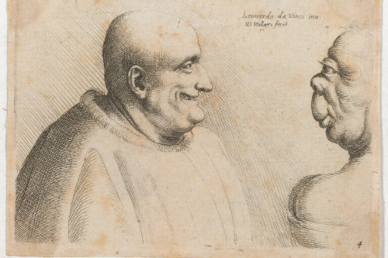 A LARGE MAN WITH A BALD HEAD FACING A GROTESQUE FEMALE