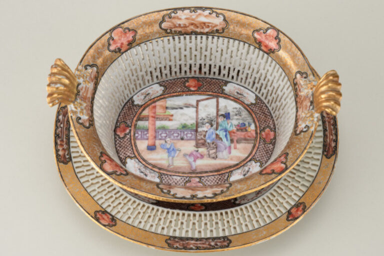 Export Basket and Stand Decorated with Scenes of Chinese Women