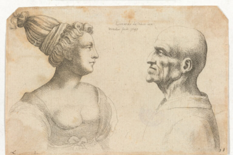 A FEMALE WITH TIED BACK HAIR AND A BALD MALE FACING EACH OTHER