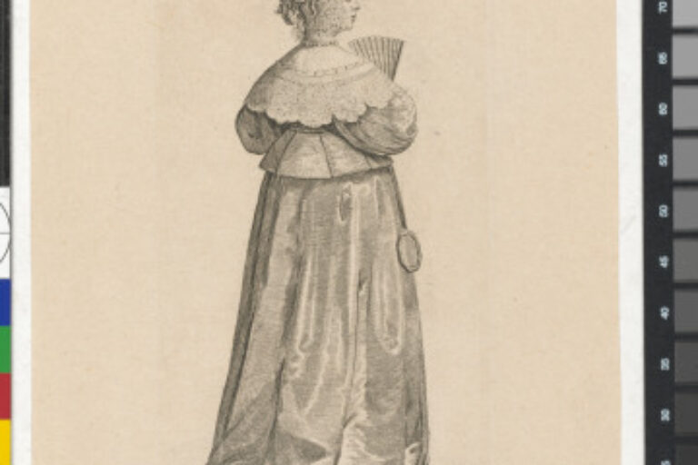 LADY WITH FAN AND MIRROR SEEN FROM BEHIND, HER HEAD TURNED TO THE RIGHT