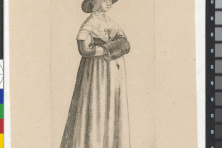 WOMAN WITH LARGE BRIMMED HAT, CARRYING A MUFF