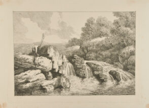Two Fishermen Climbing Rocks by Waterfall