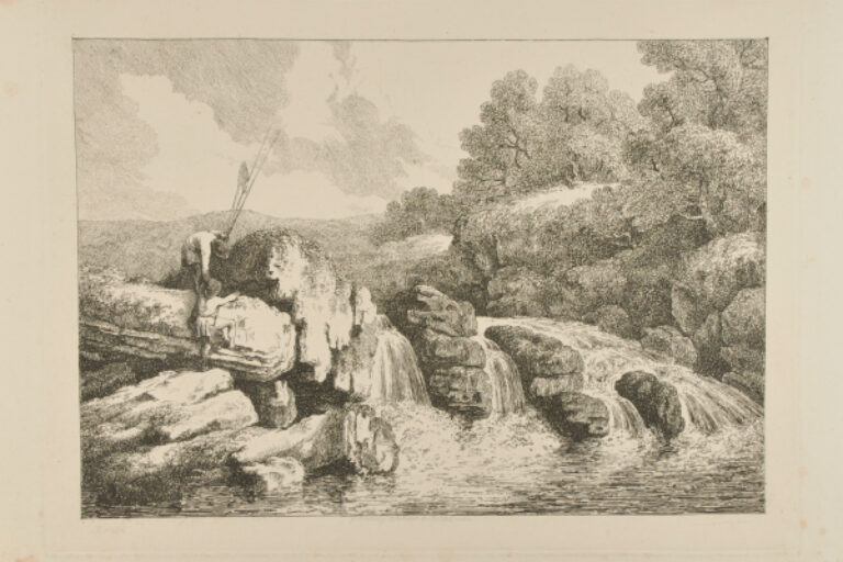 TWO FISHERMEN CLIMBING ROCKS BY WATERFALL