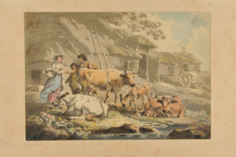 MAN, WOMAN, AND BOY, WITH CATTLE IN FRONT OF A STABLE