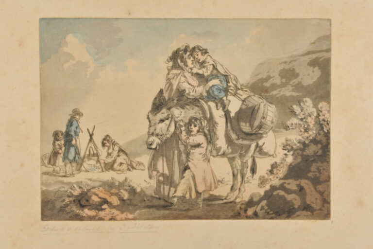 GYPSY CAMP WITH WOMAN AND TWO CHILDREN BY A DONKEY