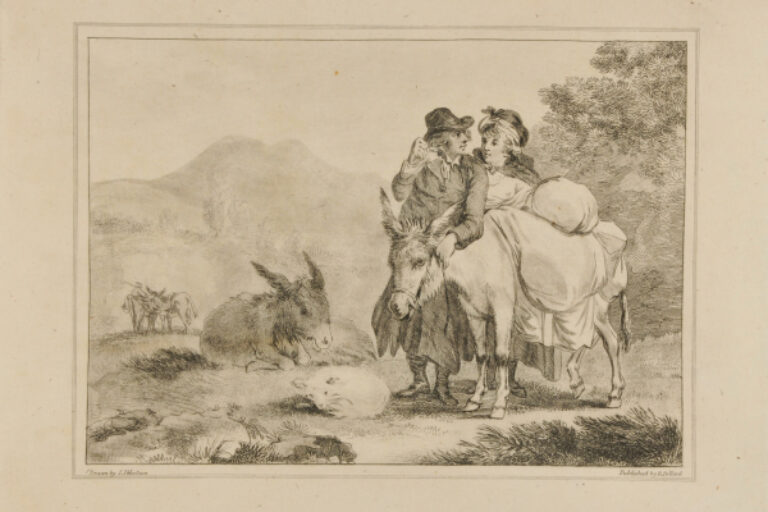 MAN AND WOMAN STANDING BY A DONKEY WITH A PACK
