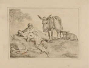 Man Asleep and Woman Sitting on the Ground by a Standing Donkey