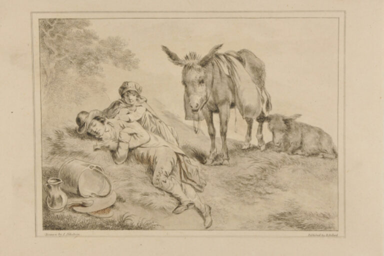 MAN ASLEEP AND WOMAN SITTING ON THE GROUND BY A STANDING DONKEY
