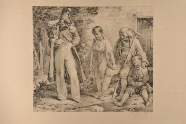 SOLDIER AND OLD MAN WITH CRUTCH AND CHILDREN