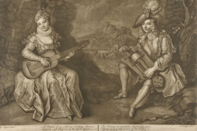 LANDSCAPE WITH MAID AND YOUTH PLAYING MUSCIAL INSTRUMENTS IN FOREGROUND