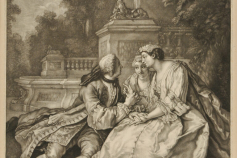 GARDEN SCENE, WITH SUITOR AND TWO YOUNG WOMEN IN FOREGROUND