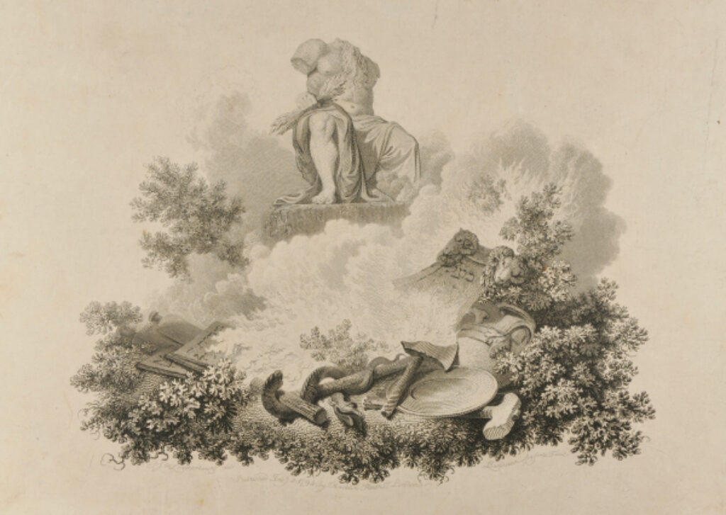 Allegorical Plate, with Headless Statue of Jove