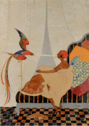 Seated Woman Blowing Smoke at a Parrot. Illustration for the cover of ‘Smart Set’ magazine