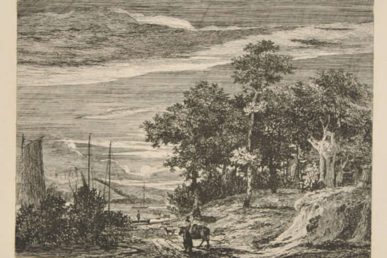 MOONLIGHT LANDSCAPE, WITH BOATS ON A RIVER