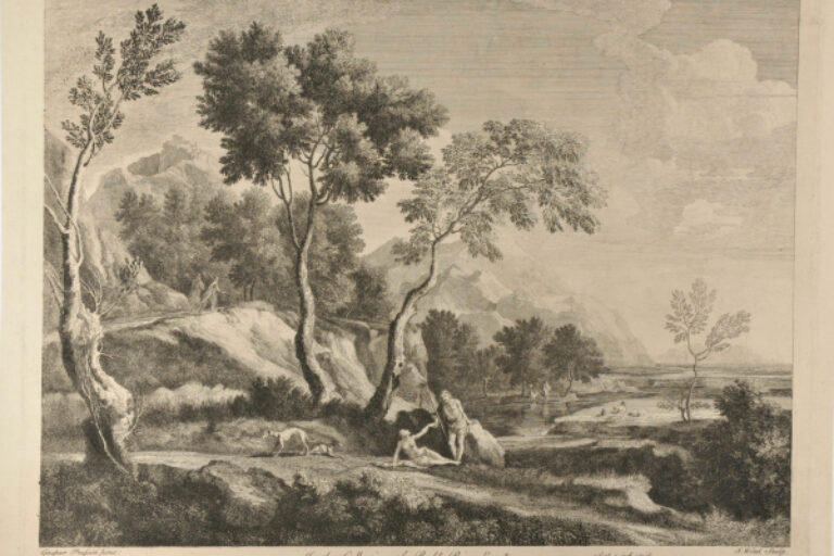 LANDSCAPE WITH TWO MEN AND TWO DOGS IN FOREGROUND