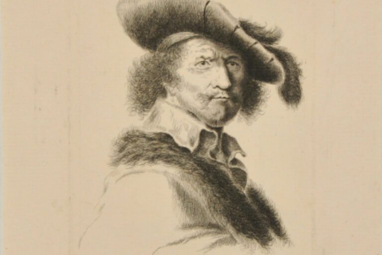 PORTRAIT OF A MAN WITH CURLY HAIR, WEARING A CAP WITH FEATHERS