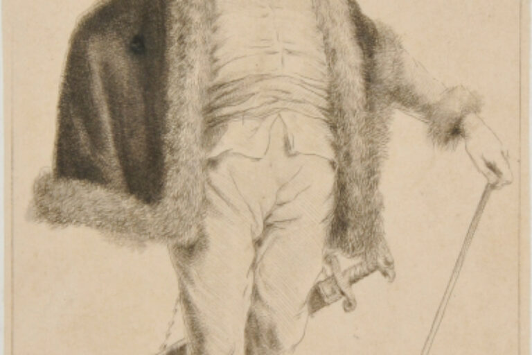 FULL LENGTH OF MAN TO RIGHT, WEARING CAP, CAPE, AND SWORD