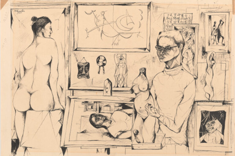 MODEL IN THE STUDIO WITH VARIOUS PICTURES AND SCULPTURES