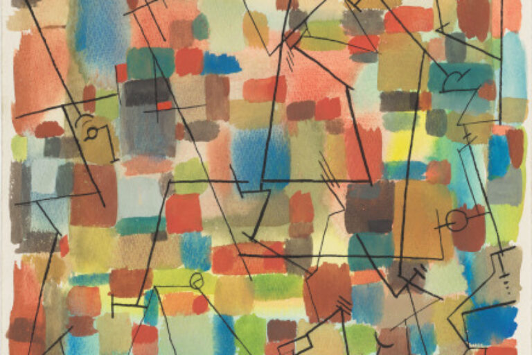 ABSTRACT COMPOSITION WITH BRUSHSTROKE SQUARES OF COLOR AND BLACK SYMBOL LINES