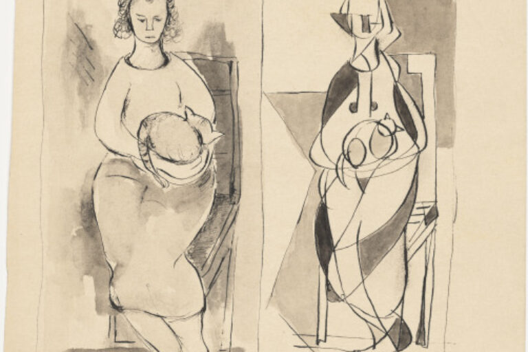 WOMAN HOLDING A CAT RENDERED NATURALISTICALLY AND GEOMETRICALLY IN HALVED COMPOSITION