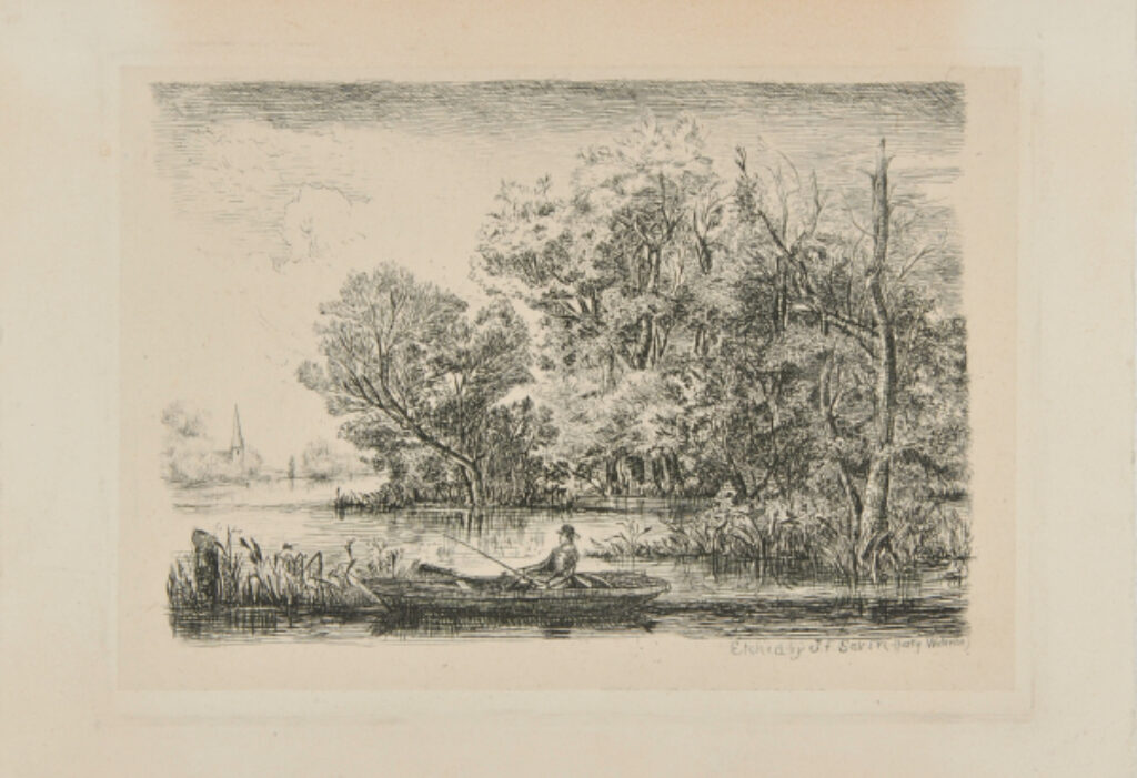 River Landscape with Man Fishing from a Boat