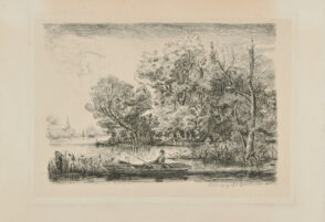 River Landscape with Man Fishing from a Boat