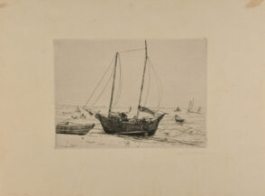 Marine with Two-Masted Vessel in Foreground