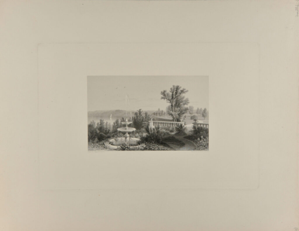 A Park with Fountain by a Lake