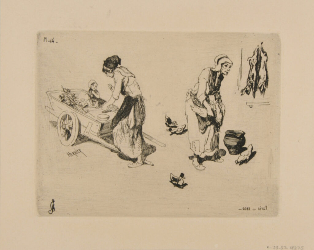 Femme portant un petit enfant posé sur une charrette à bras, femme dans sa basse-cour