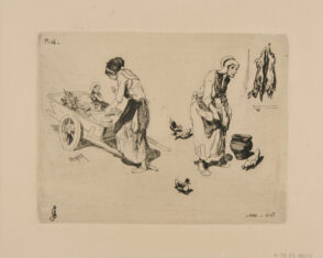 Femme portant un petit enfant posé sur une charrette à bras, femme dans sa basse-cour