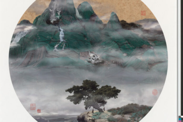 VIEW OF WATERFALL WITH ROCKS AND PINES