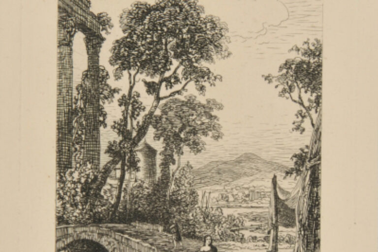 WOMAN SEATED AT A BRIDGE IN RUINS