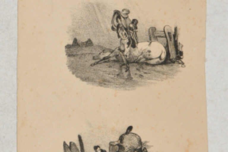 VIGNETTE FROM "THE VARIOUS PLEASURES OF EQUITATION ILLUSTRATED IN TWENTY-TWO SKETCHES WHICH ALL SHOW HORSEMEN BEING INJURED"